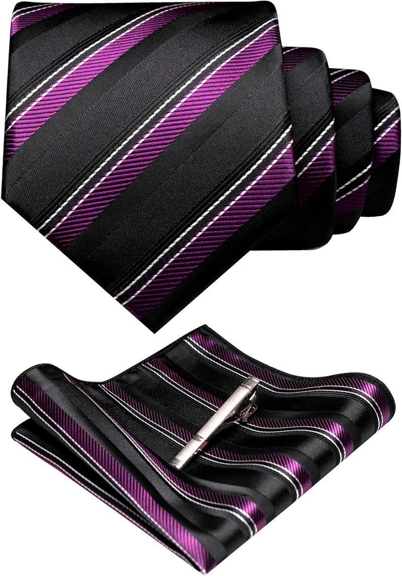RBOCOTT Silk Stripe Plaid Tie and Pocket Square with Tie Clip Sets for Men - Image 1